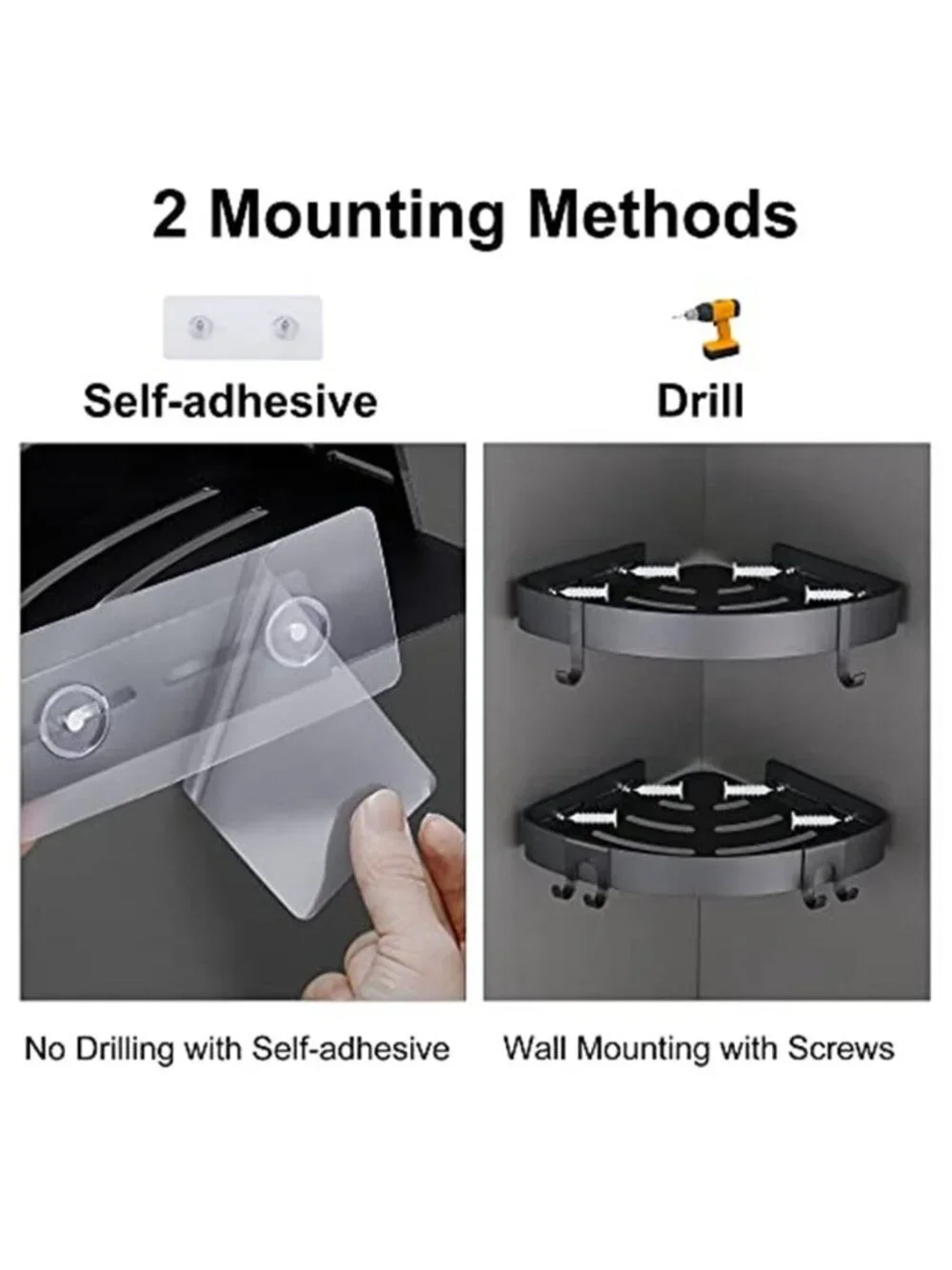 Adhesive Corner Shower Caddy with Hooks, Black, 2 Pack